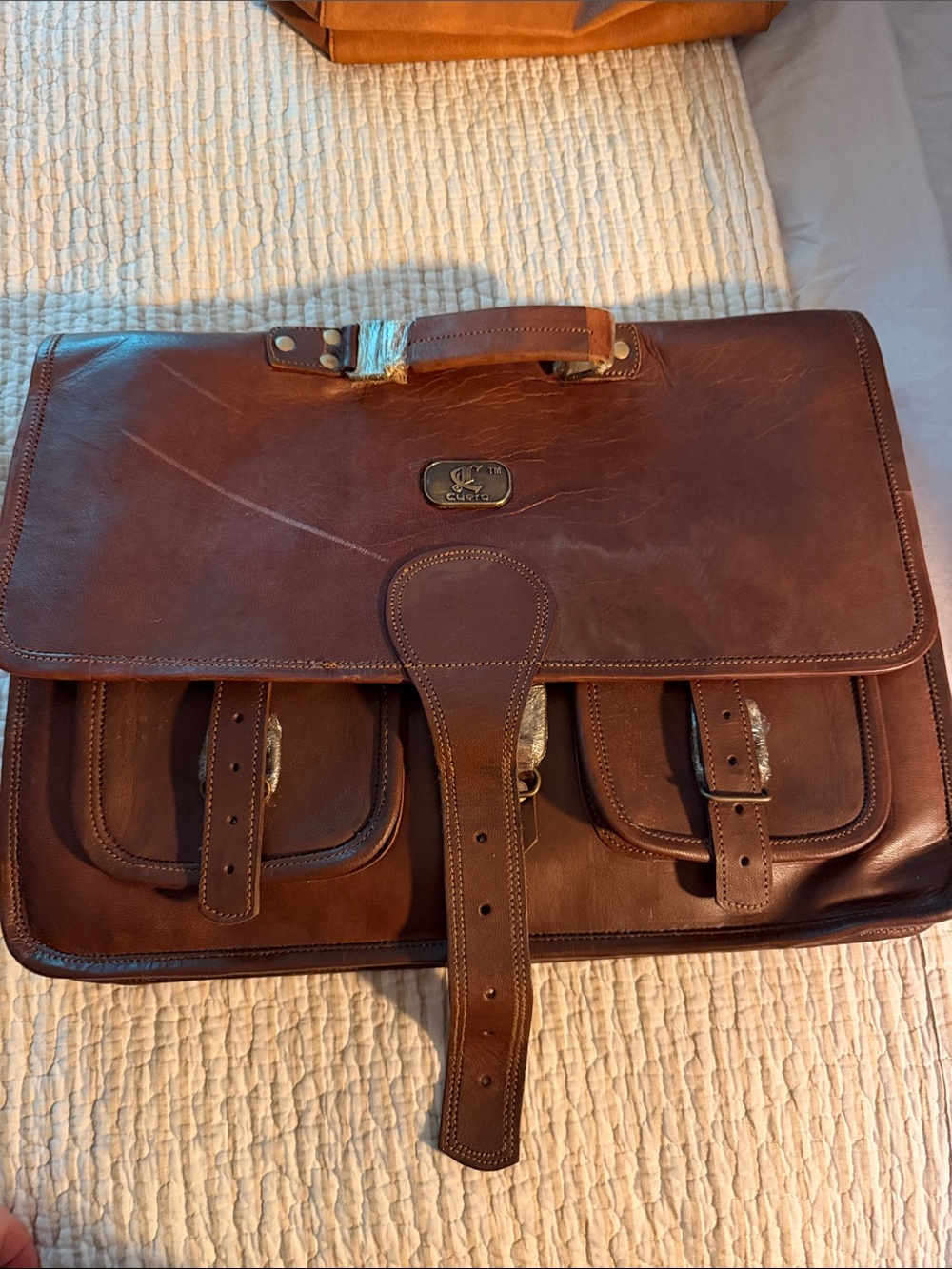 Men's Brown Leather Briefcase with Front Buckle Pockets